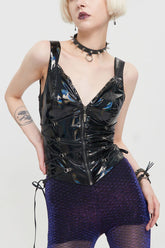 Gilet Femme Noir Punk Élasticité Changeant de Couleur Cuir Brillant Fermeture Éclair au Milieu Cordon de Serrage des Deux Côtés
